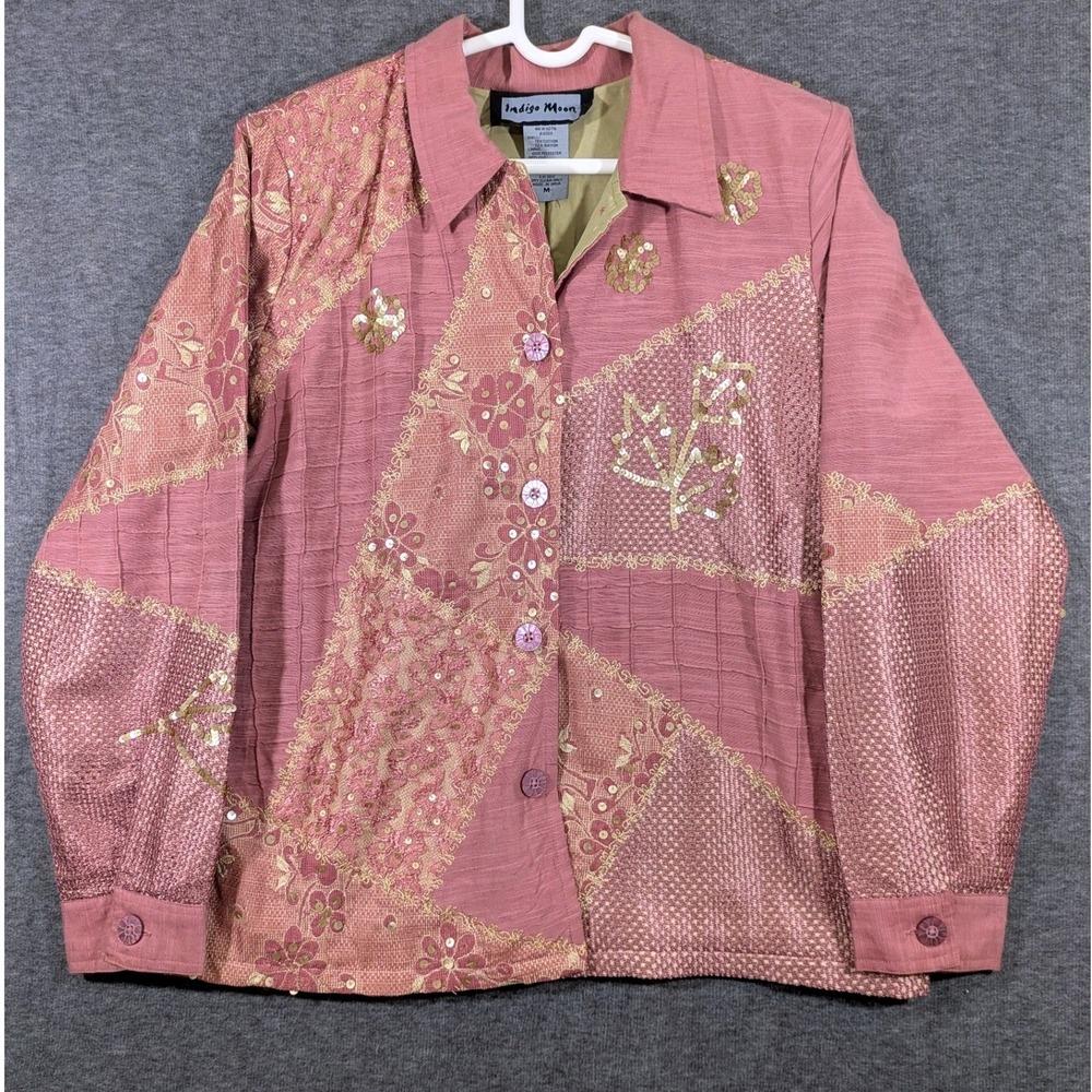Indigo Moon Womens‎ Pink Patchwork Art To Wear Sequin Floral Jacket Size Medium